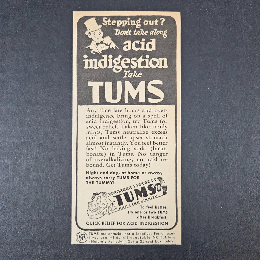 1948 Tums‎ Acid Indigestion Stomach Distress Antacid Tablets Vintage Print Ad